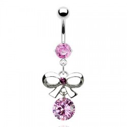 Piercing nombril nœud papillon 03 - Zircone rond pendant rose