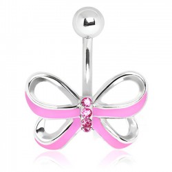 Piercing nombril nœud papillon 04 - Quatre cristaux et coloration rose