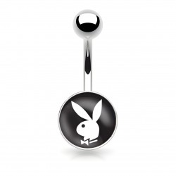 Piercing nombril logo Playboy tête de lapin blanche sur fond noir
