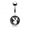 Piercing nombril logo Playboy tête de lapin blanche sur fond noir
