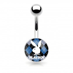 Piercing nombril logo Playboy tête de lapin sur fond noir et bleu