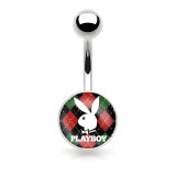 Piercing nombril logo Playboy tête de lapin sur fond noir et rouge