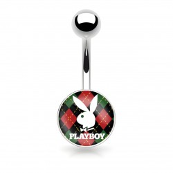 Piercing nombril logo Playboy tête de lapin sur fond noir et rouge