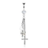 Piercing nombril croix 17 - Trois chainettes cristal transparent