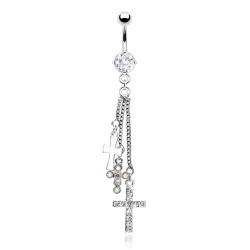 Piercing nombril croix 17 - Trois chainettes cristal transparent