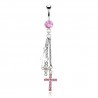 Piercing nombril croix 17 - Trois chainettes cristal rose