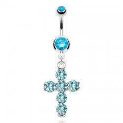 Piercing nombril croix 06 - Six cristaux bleu-clair