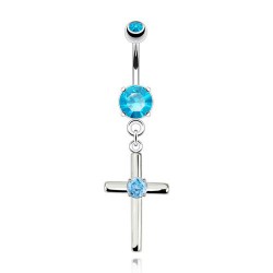 Piercing nombril croix 07 - Cristal central bleu-clair