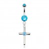 Piercing nombril croix 07 - Cristal central bleu-clair