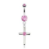 Piercing nombril croix 07 - Cristal central rose