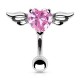 Piercing nombril cœur 56 - Inversé avec deux ailes et un cristal rose