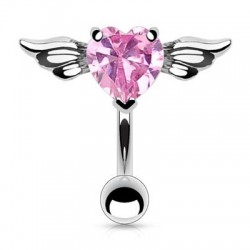 Piercing nombril cœur 56 - Inversé avec deux ailes et un cristal rose