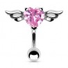 Piercing nombril cœur 56 - Inversé avec deux ailes et un cristal rose