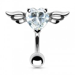 Piercing nombril cœur 56 - Inversé avec deux ailes et un cristal transparent