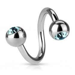 Piercing spirale 08 - Deux boules avec cristaux bleu-clair