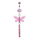 Piercing nombril libellule colorée ligne de cristaux roses (78)