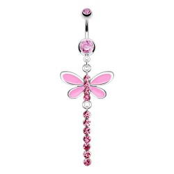 Piercing nombril libellule colorée ligne de cristaux roses (78)