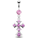 Piercing nombril croix 02 - Médiévale avec cristaux roses
