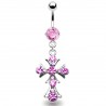 Piercing nombril croix 02 - Médiévale avec cristaux roses
