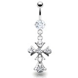 Piercing nombril croix 02 - Médiévale avec cristaux transparents