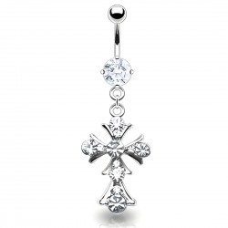 Piercing nombril croix 02 - Médiévale avec cristaux transparents