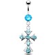 Piercing nombril croix 02 - Médiévale avec cristaux bleu-clair