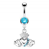 Piercing nombril cœur 27 - Claddagh irlandais cristaux bleu-clair