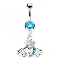 Piercing nombril cœur 27 - Claddagh irlandais cristaux bleu-clair