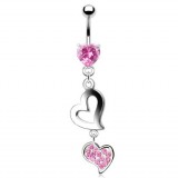 Piercing nombril cœur 52 - L'un creux et l'autre avec des cristaux roses