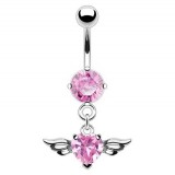 Piercing nombril cœur 53 - Cristal rose avec deux ailes