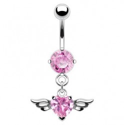 Piercing nombril cœur 53 - Cristal rose avec deux ailes