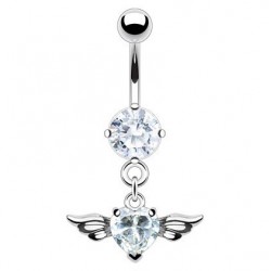 Piercing nombril cœur 53 - Cristal transparent avec deux ailes
