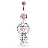 Piercing nombril attrape rêve 01 - Deux plumes grise et bille rose
