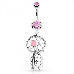 Piercing nombril attrape rêve 01 - Deux plumes grise et bille rose