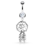 Piercing nombril attrape rêve 01 - Deux plumes grise et bille blanche
