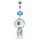 Piercing nombril attrape rêve 01 - Deux plumes grise et bille bleu-clair