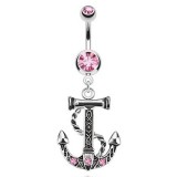 Piercing nombril ancre marine 01 - Corde et trois cristaux roses