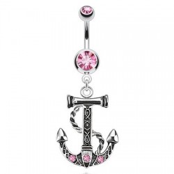 Piercing nombril ancre marine 01 - Corde et trois cristaux roses