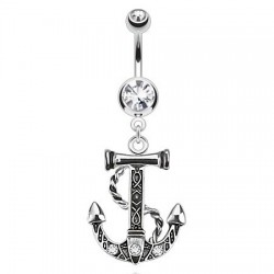 Piercing nombril ancre marine 01 - Corde et trois cristaux transparents
