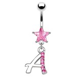 Piercing nombril lettre A avec des cristaux et une étoile rose
