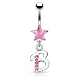 Piercing nombril lettre B avec des cristaux et une étoile rose