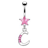 Piercing nombril lettre C avec des cristaux et une étoile rose