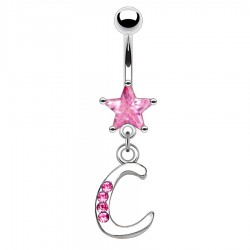 Piercing nombril lettre C avec des cristaux et une étoile rose