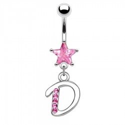 Piercing nombril lettre D avec des cristaux et une étoile rose