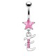 Piercing nombril lettre E avec des cristaux et une étoile rose