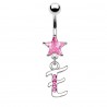 Piercing nombril lettre E avec des cristaux et une étoile rose
