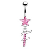 Piercing nombril lettre F avec des cristaux et une étoile rose