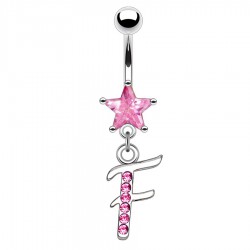 Piercing nombril lettre F avec des cristaux et une étoile rose