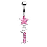 Piercing nombril lettre I avec des cristaux et une étoile rose