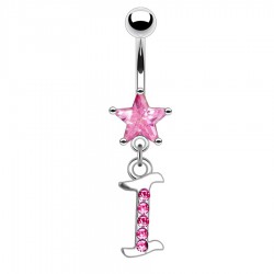 Piercing nombril lettre I avec des cristaux et une étoile rose